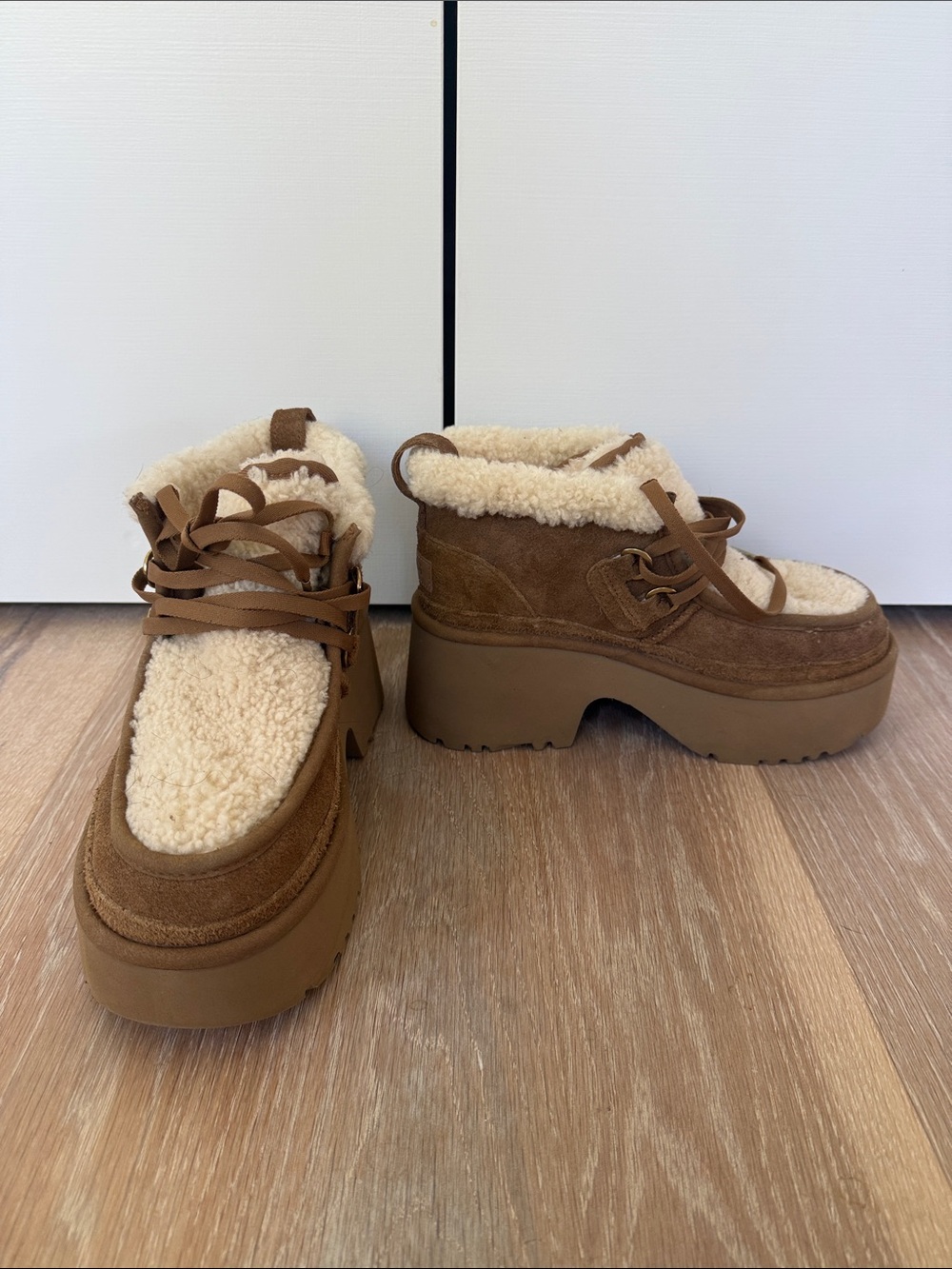 UGG Brown Sherpa-Trim Platform Ankle Booties